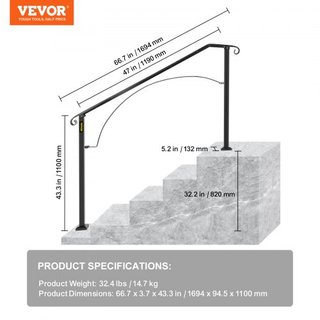 Pasamanos para Escaleras Exteriores, Se Ajusta a 4 o 5 Escalones, Barandilla de Escalera Exterior Arch#4 de Hierro Forjado, Barandilla Flexible para Porche, Pasamanos Transicional Negro para Escal...