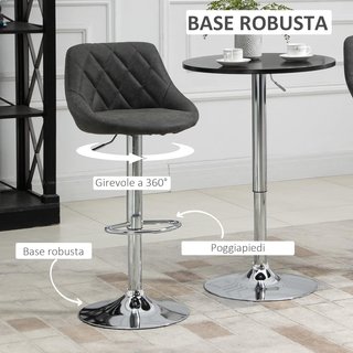 Set de 2 Taburetes de Bar con Altura Ajustable, Base de Metal y Asiento de Piel Sintética, Taburetes Altos Modernos Giratorios con Respaldo y Reposapiés 46X48X83-104Cm, Gris Oscuro y Plata