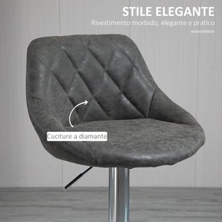 Set de 2 Taburetes de Bar con Altura Ajustable, Base de Metal y Asiento de Piel Sintética, Taburetes Altos Modernos Giratorios con Respaldo y Reposapiés 46X48X83-104Cm, Gris Oscuro y Plata