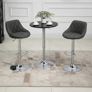 Set de 2 Taburetes de Bar con Altura Ajustable, Base de Metal y Asiento de Piel Sintética, Taburetes Altos Modernos Giratorios con Respaldo y Reposapiés 46X48X83-104Cm, Gris Oscuro y Plata