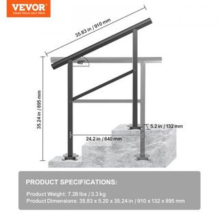 Pasamanos Exterior 74.8 kg Capacidad Pasamanos Escaleras Exteriores Pasamanos de Aluminio 91.4x88.9 cm Barandilla de Escalera Exterior Rango Transicional de 0 a 50° Pasamanos de Escalera para 2-3 ...