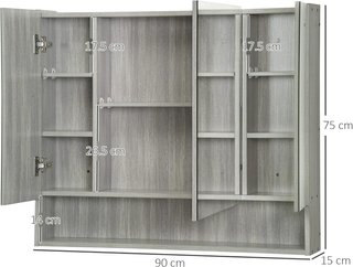 Armario Con Espejo de 4 Secciones Con Estantes Regulables, Espejo de Baño en Madera y Vidrio, 90X15X75 Cm, Gris