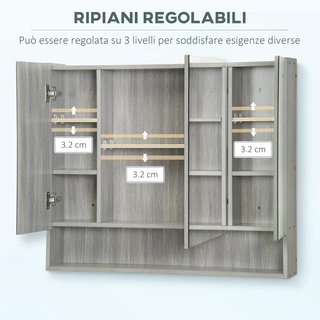 Armario Con Espejo de 4 Secciones Con Estantes Regulables, Espejo de Baño en Madera y Vidrio, 90X15X75 Cm, Gris