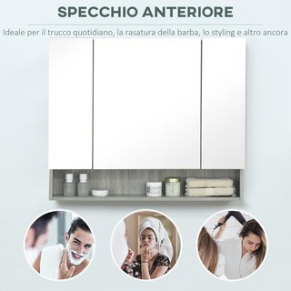 Armario Con Espejo de 4 Secciones Con Estantes Regulables, Espejo de Baño en Madera y Vidrio, 90X15X75 Cm, Gris