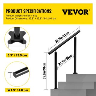 Pasamanos para Escaleras Exteriores, 91.4 cm, Pasamanos Exterior Negro Ajustable de Escalera de 86.4 cm de 0 a 60 Grados para Jardín