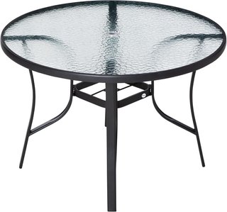 Tavolo da Giardino Rotondo con Foro per Ombrellone, Tavolo da Esterno in Acciaio e Vetro Ø106,5Cm, Nero