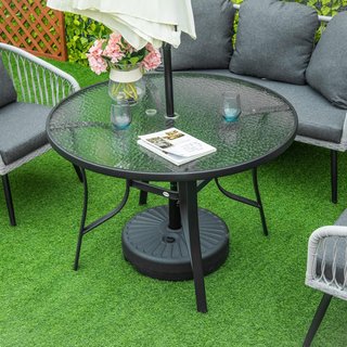 Tavolo da Giardino Rotondo con Foro per Ombrellone, Tavolo da Esterno in Acciaio e Vetro Ø106,5Cm, Nero