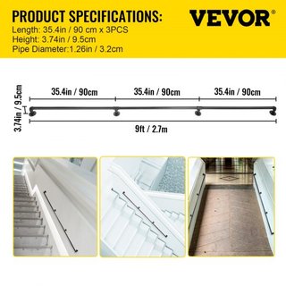 Pasamanos de Escalera de Tubo, Pasamanos de Escalera de 274.3 cm, Pasamanos de Tubo de Acero Carbono con Capacidad de Carga de 199.6 kg, Pasamanos de Tubo Industrial con Soporte de Montaje en Pare...