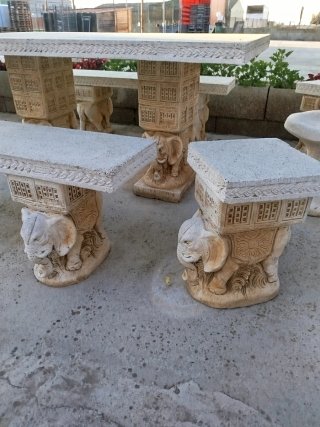 Conjunto terraza piedra mesa y bancos