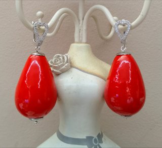 Orecchini cuore cristllo e goccia ceramica rossa