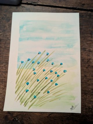 Acquerello fiori blu e erba