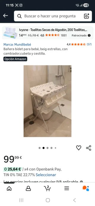 Bañera cambiador bebé con patas para bidet