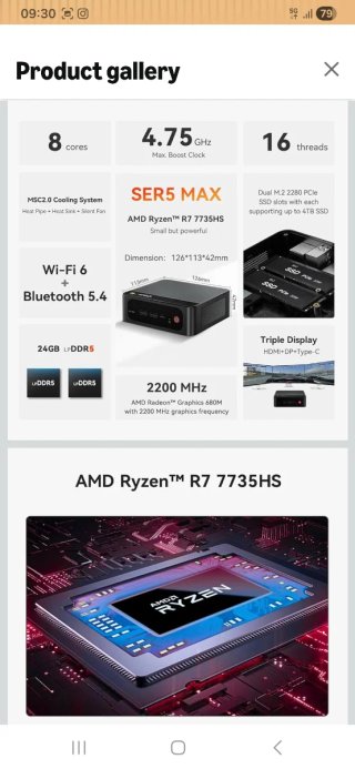 Mini PC Beelink SER5 MAX 24GB 1TB AMD 7735HS