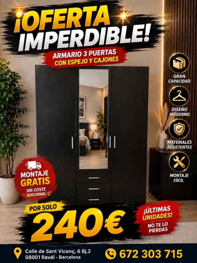 Armario 3 puertas negro madera