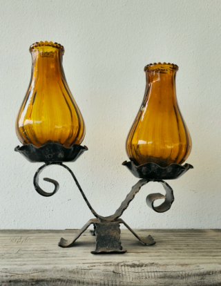 Candelero Doble Forja Cristal Ámbar