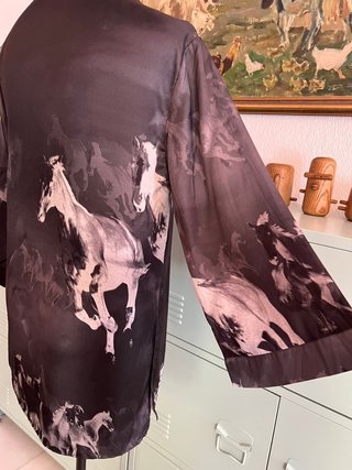 AllSaints Black &amp; Grey Horse Print Silk Kimono Jacket UK M