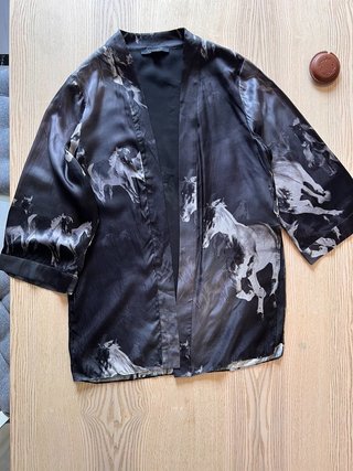 AllSaints Black &amp; Grey Horse Print Silk Kimono Jacket UK M