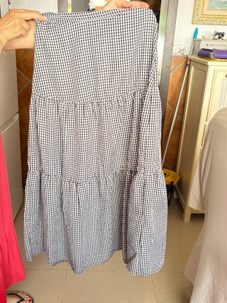 Falda larga vichy negra cremallera lateral