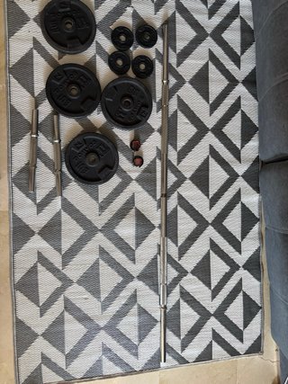 Lote de pesas y barra de gimnasio