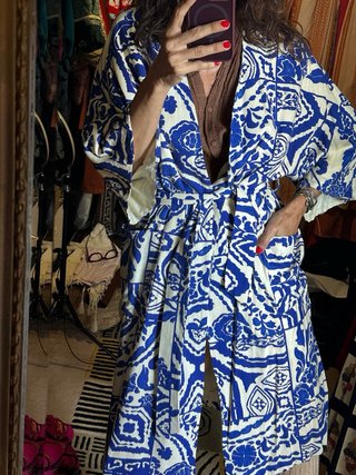 Kimono Zara Estampado Azul y Blanco