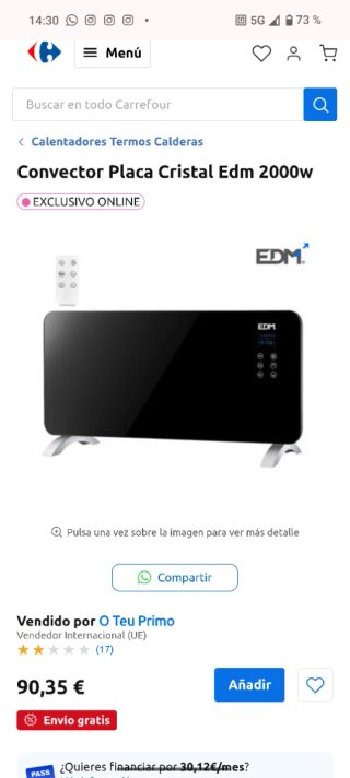 Convector Cristal EDM Negro 2000W