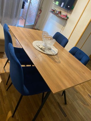 Juego comedor 4 sillas madera y azul