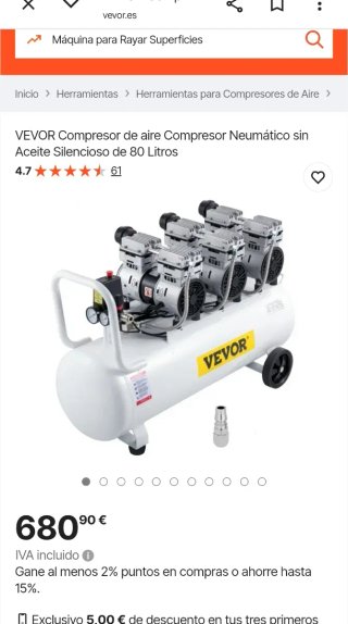 VEVOR Compresor de aire sin aceite 80L