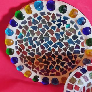 Portavelas y plato vintage mosaico vidrio y hierro