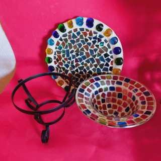 Portavelas y plato vintage mosaico vidrio y hierro