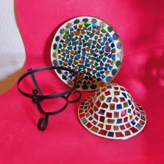 Portavelas y plato vintage mosaico vidrio y hierro