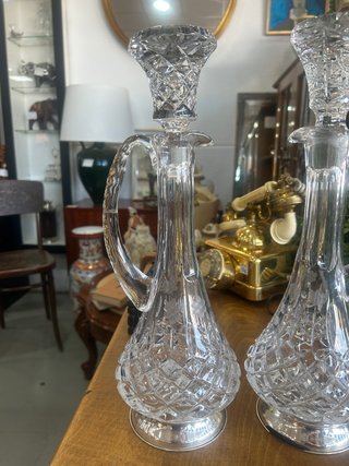 Pareja Licoreras Antiguas Cristal Tallado y Plata