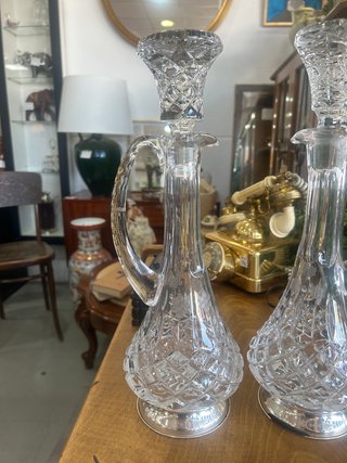 Pareja Licoreras Antiguas Cristal Tallado y Plata