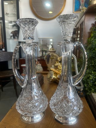 Pareja Licoreras Antiguas Cristal Tallado y Plata