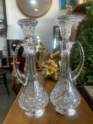 Pareja Licoreras Antiguas Cristal Tallado y Plata