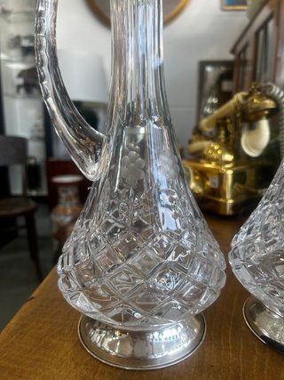 Pareja Licoreras Antiguas Cristal Tallado y Plata