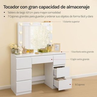 Tocador Blanco con Espejo LED y 7 Cajones