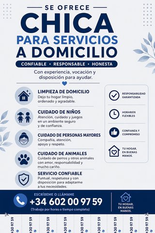 Limpieza, niños, mayores y mascotas. Responsable.