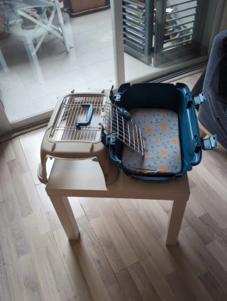 Transportín para gatos beige y azul