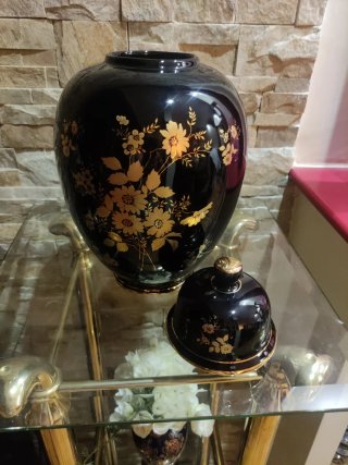 Jarrón Tibor Negro y Dorado Cerámica