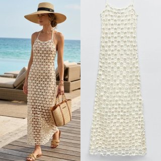 Zara Vestito Lungo Crochet Beige Taglia Unica
