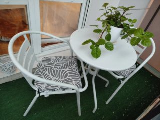 Mesa y 2 sillas para terraza.Incluye cojines.