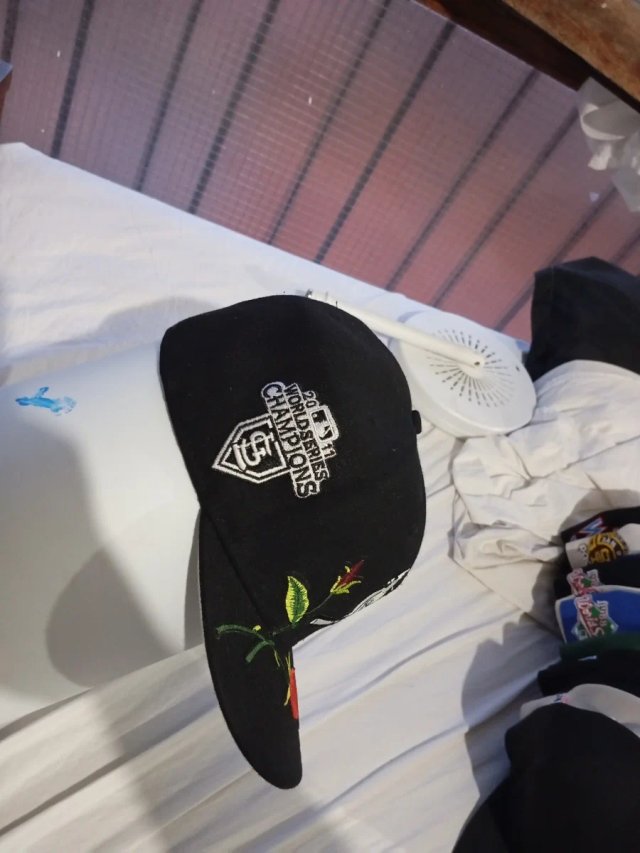 Gorra bordada negra con pájaro y flores