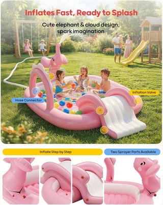 NUEVO Piscina Infantil Elefante Tobogan QPAU Rosa