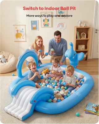 Piscina Infantil QPAU Elefante Tobogan Rociad Azul