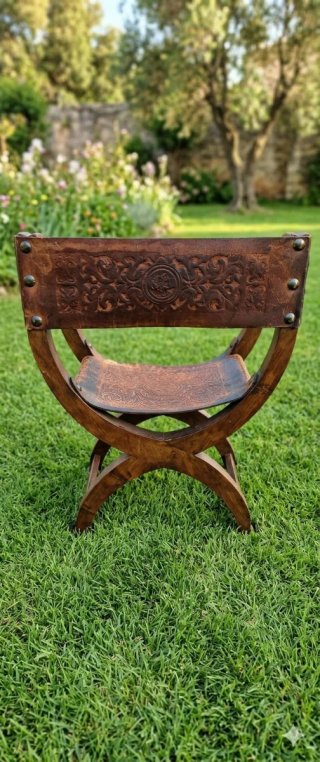 Coppia di Sedie Curul in Pelle e Legno