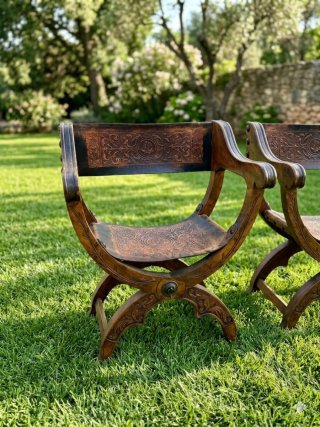 Coppia di Sedie Curul in Pelle e Legno