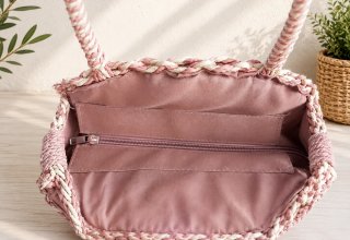Bolso redondo rafia beige y rosa