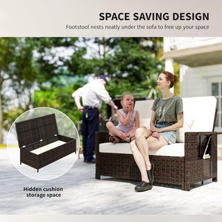 Sofá de Jardín Componible con Banco, Muebles de Jardín de Ratan Marrón, Set de 2 Piezas Ahorra Espacio