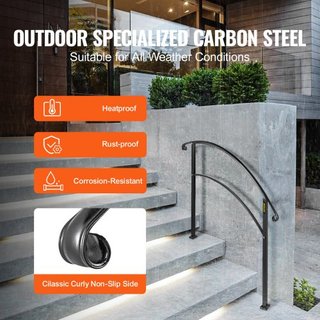 Pasamanos para Escaleras Exteriores, Railing para Escaleras Exteriores que se Ajusta a 1 o 3 Escalones, Pasamanos de Hierro Forjado Negro, Pasamanos Flexible para Porche Frontal, Pasamanos Transic...