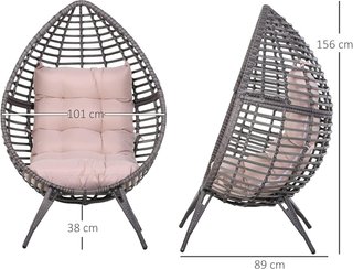 Sillón de Exterior de Rattan con Cojín Gris y Beige Forma de Gota Estilo Boho Chic 101X89X156Cm